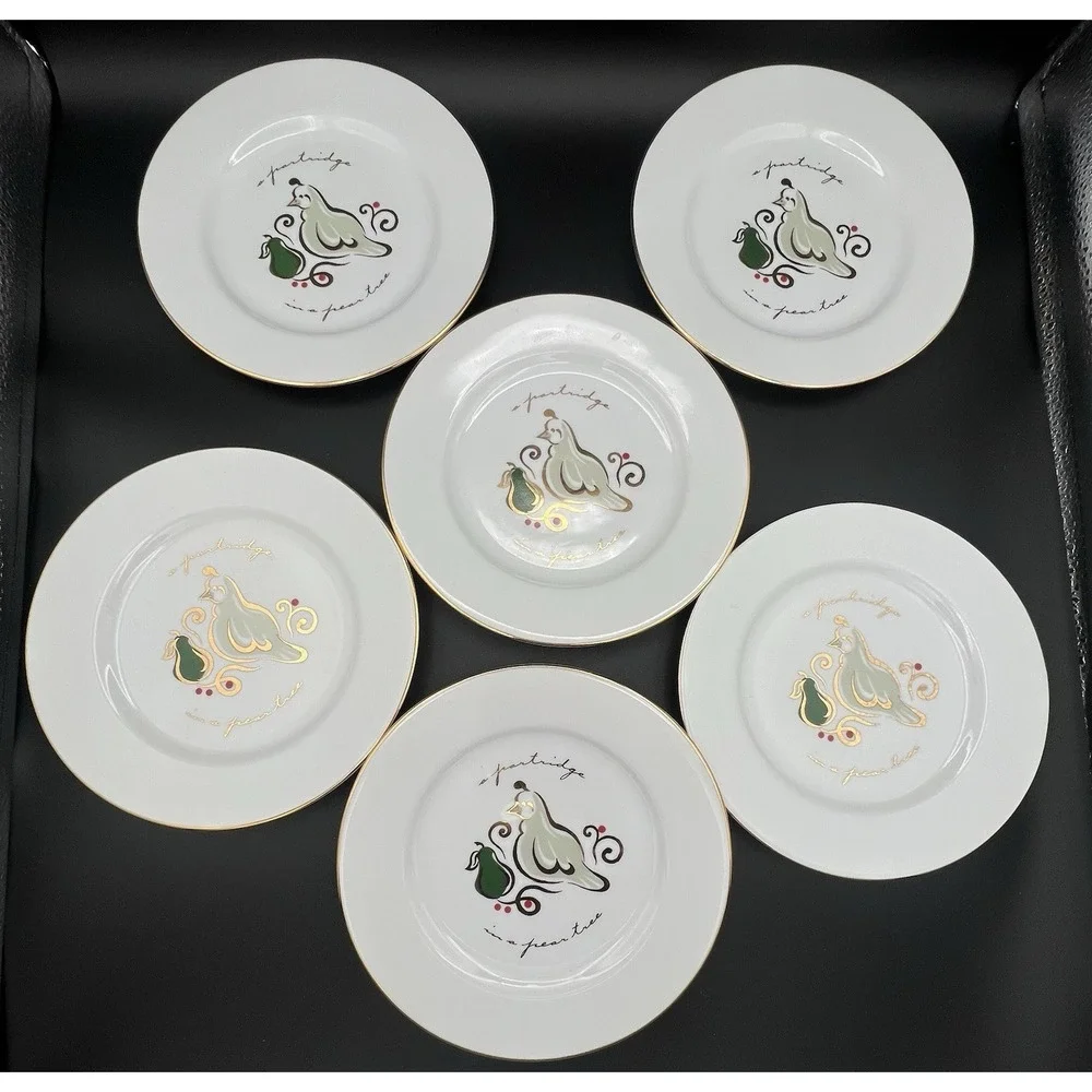 6 Pier 1 12 Days of Christmas Porcelain 7.75 in Snack Dessert Plates Partridge